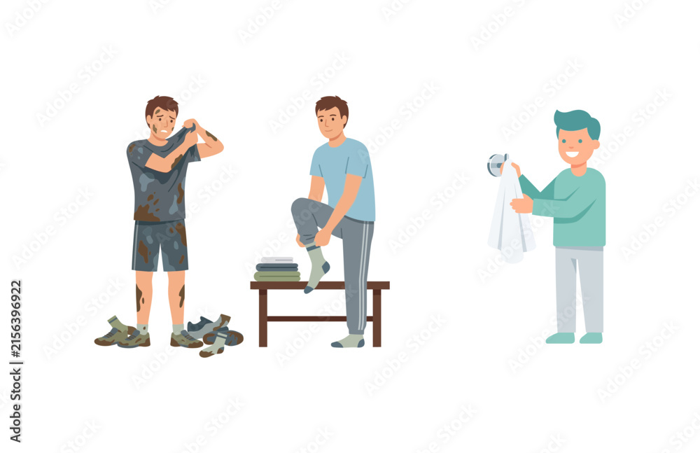 Fototapeta premium Man Changing Clothes From Muddy Workout Gear into Clean Fresh Daily Apparel