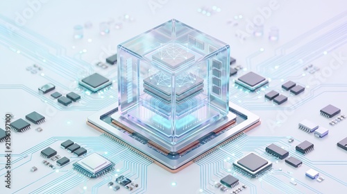 Advanced quantum computing processor concept featuring glowing artificial intelligence network nodes inside transparent microchip on motherboard