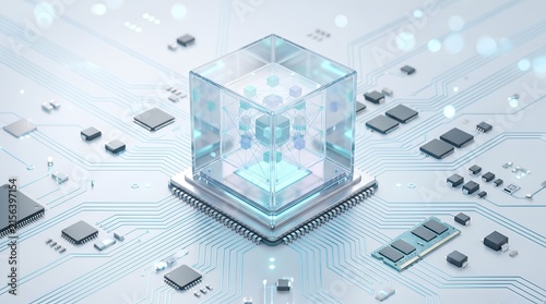 Blockchain technology network processor concept with glowing digital data nodes inside futuristic transparent microchip architecture