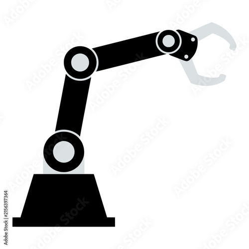 Industrial robotic arm with hook attachment on white background