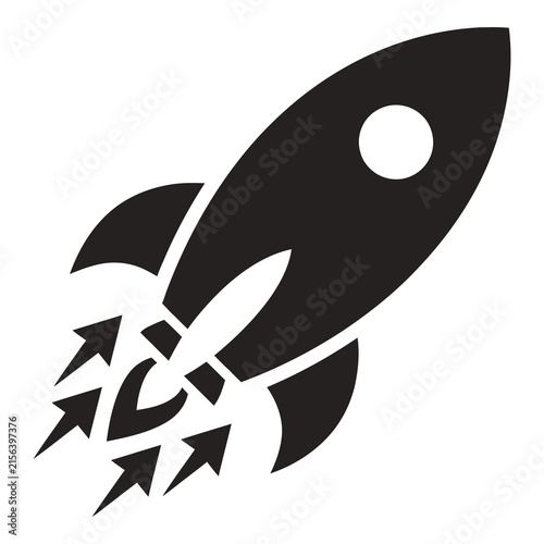 Black rocket ship icon with flames and smoke ascending upwards in space