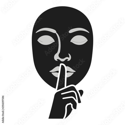 Black mask face with finger on lips