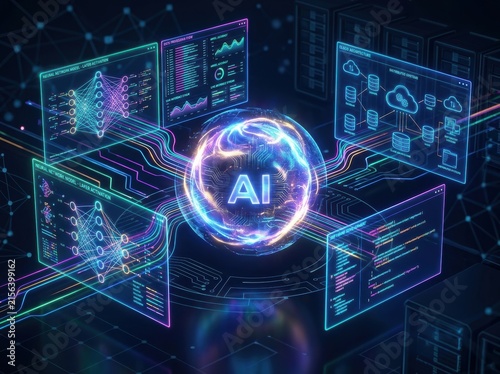 Artificial intelligence digital brain concept with data charts and glowing network lines on dark