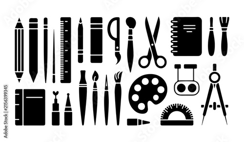 Back to school supplies icon set featuring rulers compasses notebooks pencils and artistic tools for education.