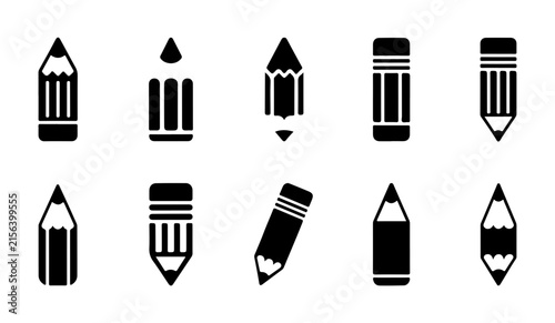Creative pencil icon collection featuring diverse drawing tool silhouettes for artistic graphic projects.