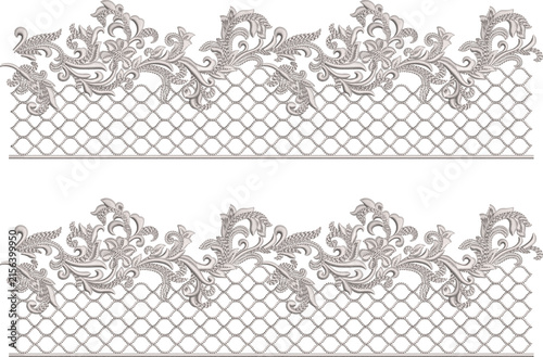 Silver Ornamental Floral Lace Border Embroidery Pattern for Textile
