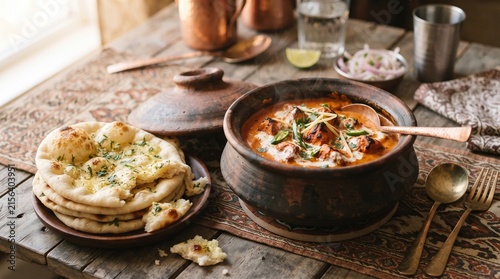 Authentic Indian Butter Chicken Curry Served in Traditional Handi with Fresh Garlic Naan