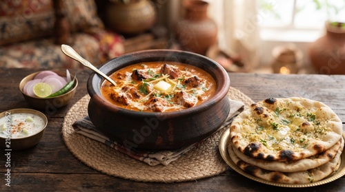 Authentic Indian Butter Chicken Curry Served in Traditional Handi with Fresh Garlic Naan