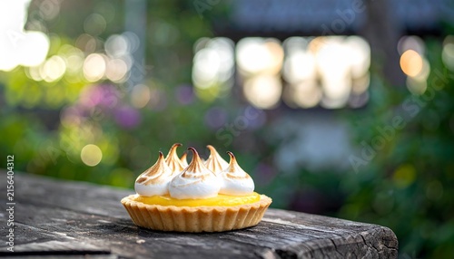 Rustic Lemon Tart with Toasted Meringue Wooden Surface