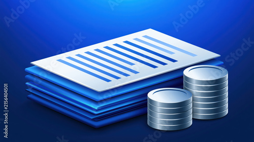Stack of paper document with silver coin stack on blue background, finance report concept with data chart and accounting material