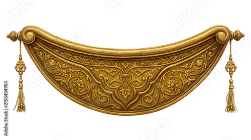 Decorative golden vintage filigree ornament with ornate floral patterns and hanging pendants