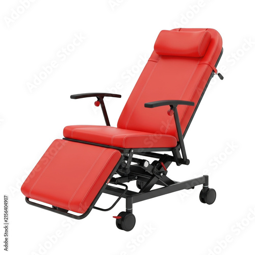Red medical recliner chair for blood donation and patient treatment isolated on transparent background