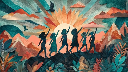 Women Hiking on a Mountain Ridge at Sunrise in Paper Collage Art