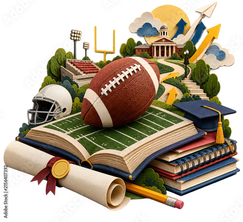 sports football transparent background college American football education and scholarship concept with books diploma helmet and campus

