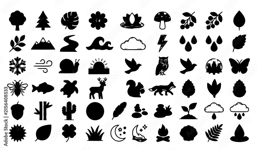 Fototapeta premium Minimal Nature Line With Fill Icon Collection Featuring Trees Plants Wildlife Landscape and Weather Vector Symbols