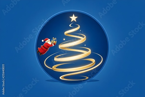 Flying Santa Claus Bringing Gift to Golden Spiral Christmas Tree