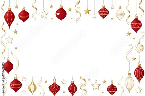 Christmas Frame with Red and Gold Hanging Baubles and Stars
