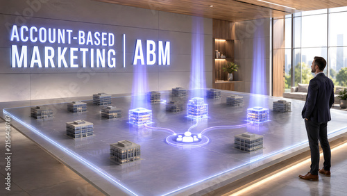 Businessman observing a 3D architectural table model with light beams highlighting targeted corporate accounts for account-based marketing strategy.