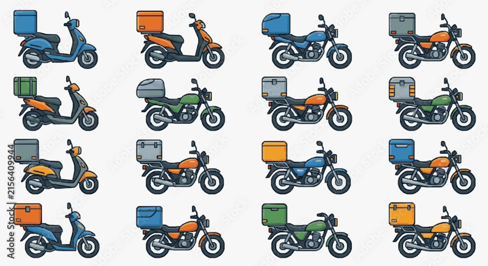 Fototapeta premium Clean of Colorful Delivery Scooters and Motorcycles with Cargo Boxes for E Commerce and Logistics