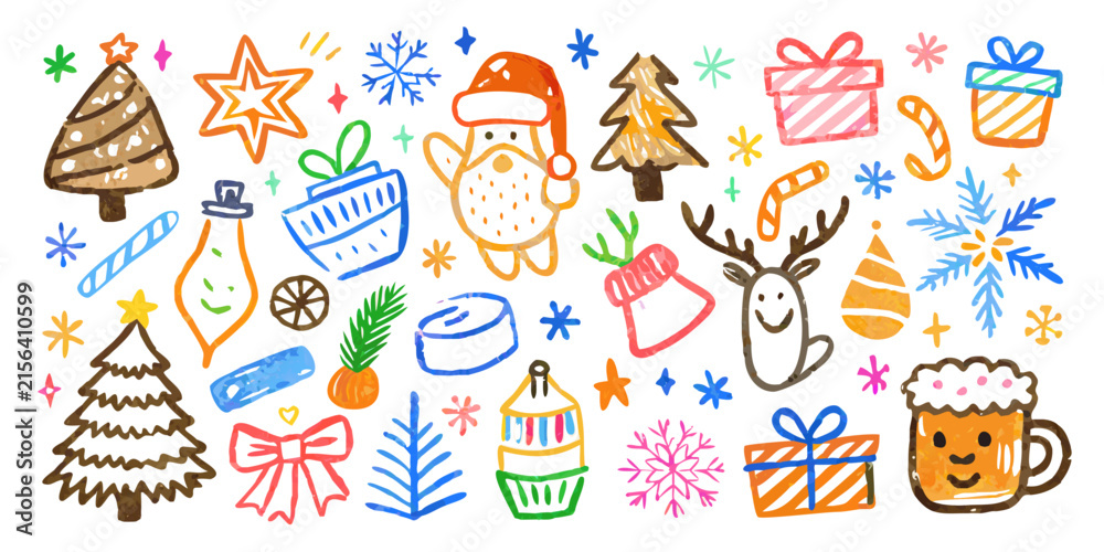 Fototapeta premium Hand drawn christmas doodles including trees gifts and reindeer silhouette