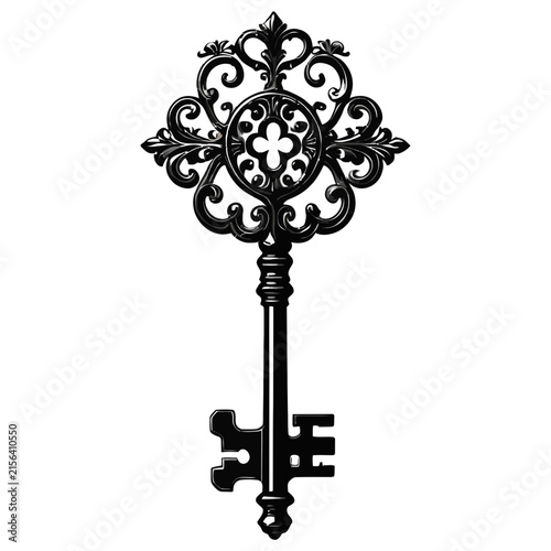Ornate Vintage Key with Intricate Scrollwork and Filigree Design Isolated on White Background