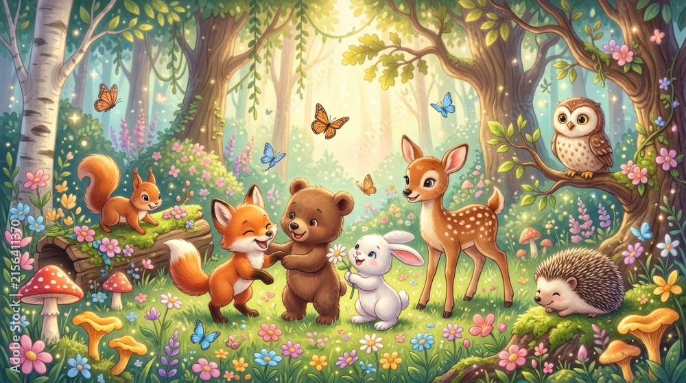 Obraz premium Enchanting Forest Scene with Adorable Woodland Creatures Gathering Together.