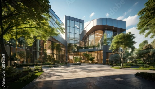 Modern office building with glass facade.