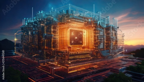 Futuristic cityscape with neon lights technology.