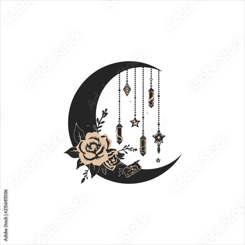 Mystical Crescent Moon Floral Illustration, Boho Crescent Moon with Flowers Design, Celestial Moon and Floral Botanical Illustration, Elegant Crescent Moon Bohemian Artwork