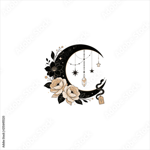 Mystical Crescent Moon Floral Illustration, Boho Crescent Moon with Flowers Design, Celestial Moon and Floral Botanical Illustration, Elegant Crescent Moon Bohemian Artwork