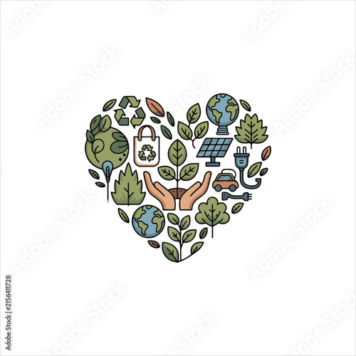 Eco Friendly Heart Shape Nature Concept Illustration, Green Environmental Heart With Sustainable Elements, Sustainable Living Heart Shape Nature Illustration, Eco Friendly Green Heart Environmental De