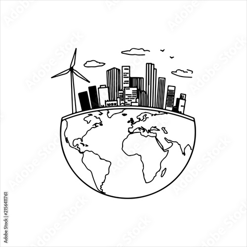 Sustainable City And Earth Environmental Concept Illustration, Green Urban City With Renewable Wind Energy, Eco Friendly Smart City And Planet Earth Concept, Sustainable Urban Development With Clean 