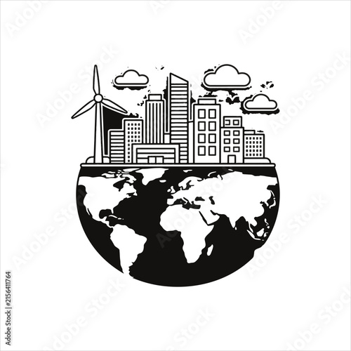 Sustainable City And Earth Environmental Concept Illustration, Green Urban City With Renewable Wind Energy, Eco Friendly Smart City And Planet Earth Concept, Sustainable Urban Development With Clean 