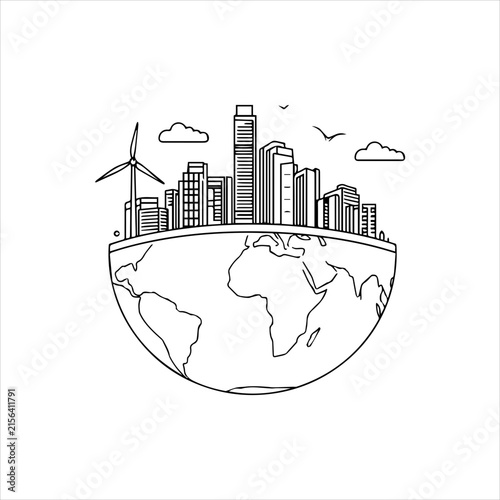 Sustainable City And Earth Environmental Concept Illustration, Green Urban City With Renewable Wind Energy, Eco Friendly Smart City And Planet Earth Concept, Sustainable Urban Development With Clean 