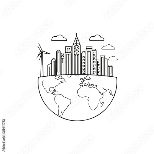 Sustainable City And Earth Environmental Concept Illustration, Green Urban City With Renewable Wind Energy, Eco Friendly Smart City And Planet Earth Concept, Sustainable Urban Development With Clean 