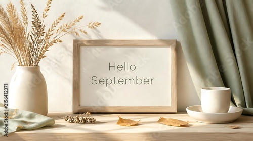 Hello September text on a wooden frame with dried flowers and coffee cup.