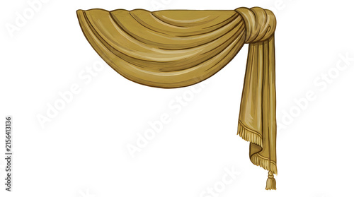 Elegant golden beige fabric curtain swag with decorative drapes and folds