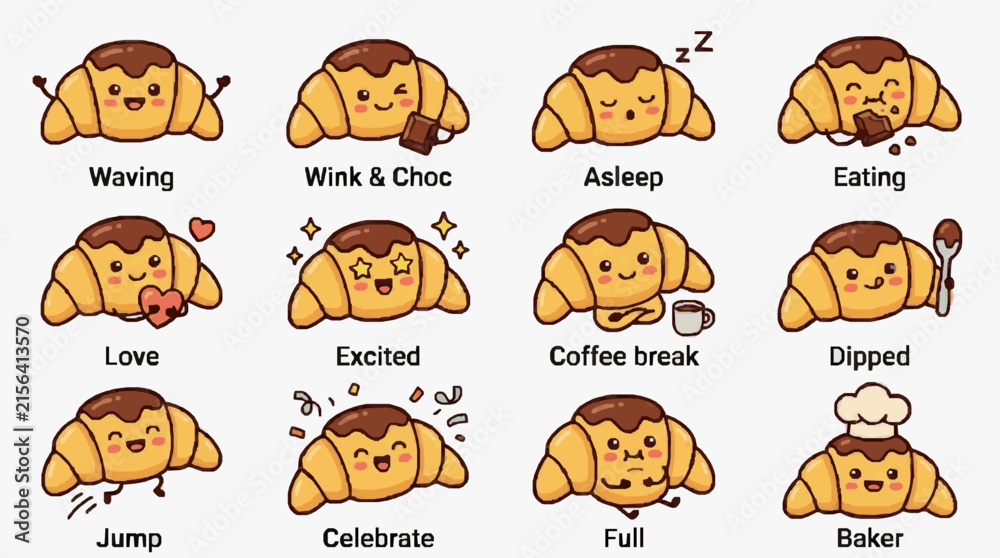 Obraz premium Corporate Charm Adorable Chocolate Croissant Themed Emoji Illustrations for Branding Presentations and Social Media