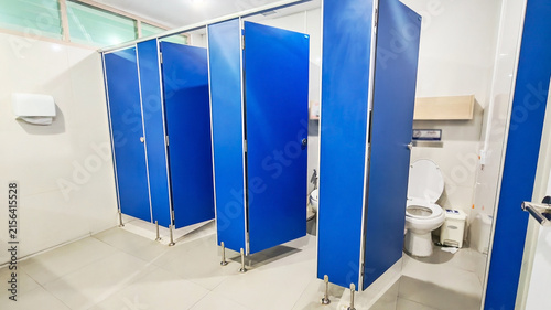 Public Restroom with Blue Stalls: A clean and modern public restroom featuring bright blue stalls and toilet facilities. Row of modern toilet stalls with open blue door revealing a white toilet bowl.