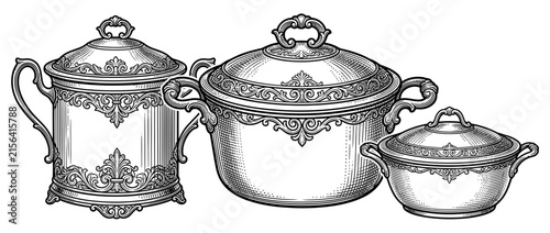 Картината върху платно Ornate Vintage Serving Dishes with Lids Isolated