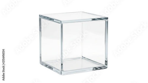 Minimalist clear acrylic cube, transparent glass display box, modern plastic pedestal for product showcase and museum exhibition isolated PNG with Transparent Background