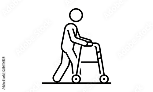Elderly person using a walker icon, senior citizen with mobility aid, walking frame for rehabilitation, vector illustration isolated on transparent background