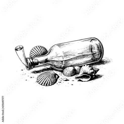 Vintage Engraving of a Glass Bottle and Seashells