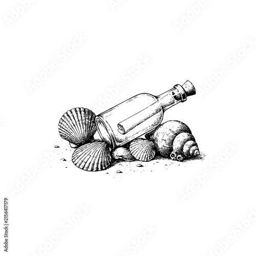 Vintage Message in a Bottle with Seashells Sketch