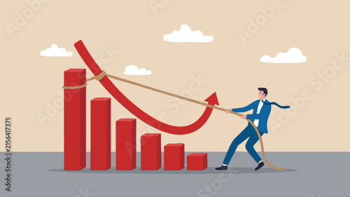 Canvastavla Businessman pulling a rope to lift a declining red bar chart, concept of busines