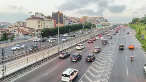 Istanbul e5 highway captures the chaos of heavy rush hour traffic with cars and trucks on busy city roads. Suitable for transportation related projects.
