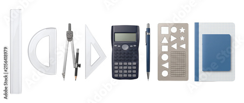 Geometry drawing tools and math equipment set isolated on transparent background. Ruler, protractor and compass cutout.