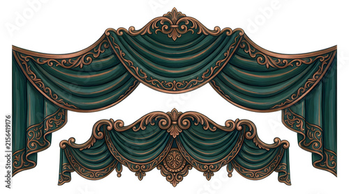 Elegant dark green vintage luxury curtain drapes with gold decorative trim elements