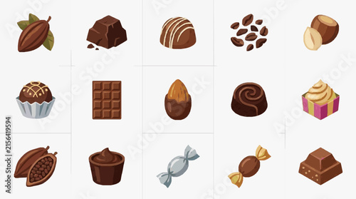 Corporate Flat Set of Chocolate Themed Icons and Items for Food Dessert and Catering Presentations