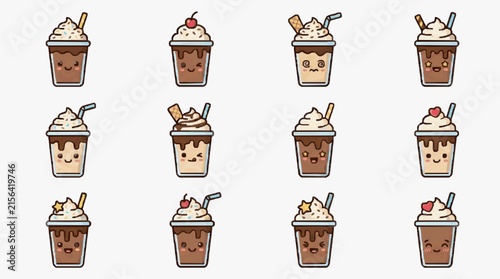 Corporate Collection of Cute Cartoon Milkshake Drinks with Faces Whipped Cream and Toppings for Branding and Marketing Materials
